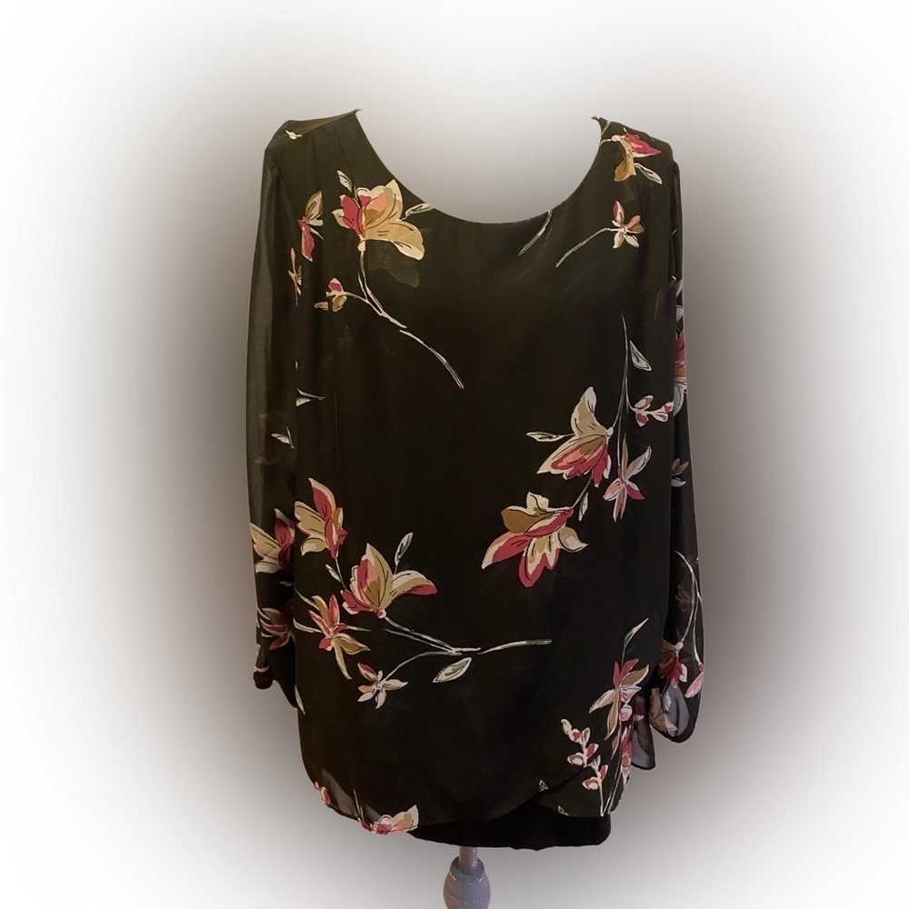 AGB Black Floral Tiered Blouse, Size 1X